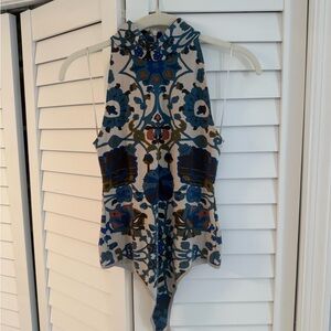 Free People Blue and White Floral Bodysuit